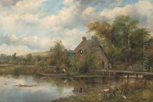 Figures in a boat by a Suffolk cottage - view 1