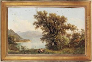 A Child And Hound Resting By A Lake In A Mountainous Landscape, A Village Beyond
