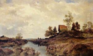 A Cottage Nestled In A River Landscape by Joseph Wenglein