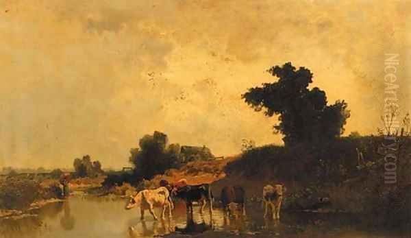 Cattle fording a pond in summer - view 1