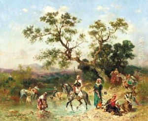 Oasis with Arabian horsemen