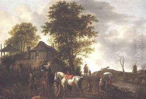 A landscape with a cottage and horsemen by Pieter Wouwermans or Wouwerman