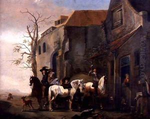 Riders and Horses at the Door of an Inn by Pieter Wouwermans or Wouwerman
