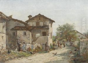 Landliche Strassenszene Mit Huhnern Und Staffage