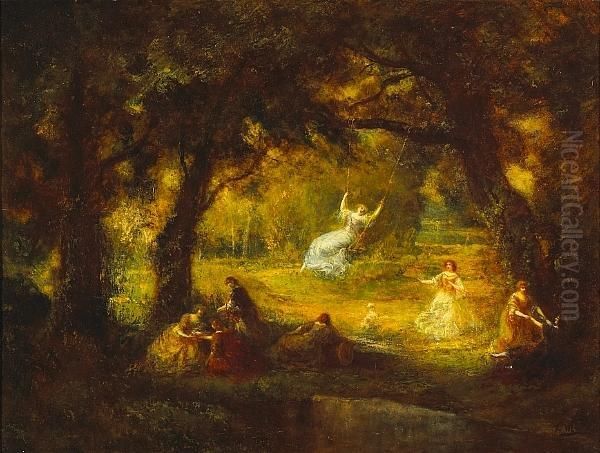An Idyllic Landscape With Elegant Ladies In The Woods - view 1