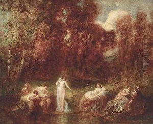 Ladies At A Pond In A Wooded Clearing