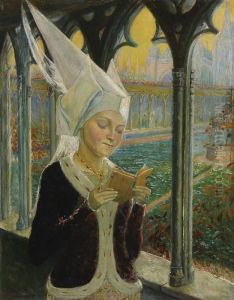 Portrait Of Isabeau Of Baviere Reading A Book Of Hours by Edgard Maxence