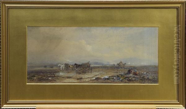 Fisherfolk With Horses And Carts Collecting Cockles With Shipping Beyond - view 1