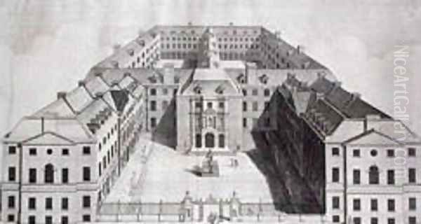 Birds-eye View of Guys Hospital, Southwark, with Figures in the Courtyard, engraved by William Henry Toms, c.1756 - view 1