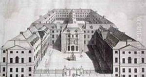 Birds-eye View of Guys Hospital, Southwark, with Figures in the Courtyard, engraved by William Henry Toms, c.1756