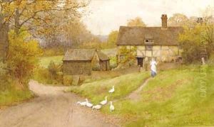 A milkmaid and geese before a cottage in a wooded landscape by Charles Edward Wilson