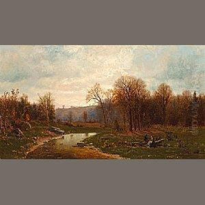 Figures By A River In An Autumnal Landscape by Jervis McEntee