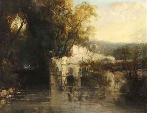 Figures on a ruined bridge in a wooded river landscape Figures on a ruined bridge in a wooded river landscape