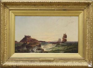 View Of The Farne Isle Rocks With Bamburgh Castle And Sailing Vessel Beyond by Arthur Joseph Meadows