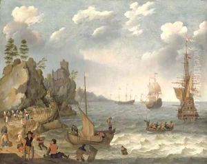 A coastal landscape with shipping and fishermen selling their catch by Isaac Willaerts