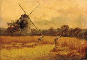 Figures harvesting before a windmill by Harry Wallace