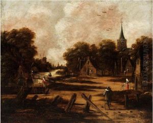 Abendliche Landschaft Mit Dorf Und Kirche Unter Baumen