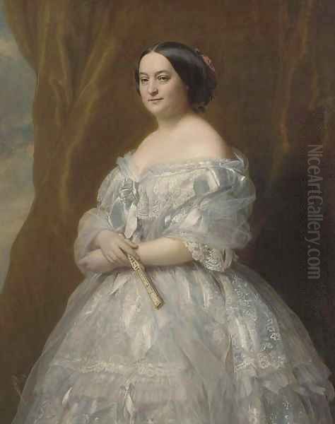 Portrait of a Lady in waiting, three-quarter-length, in a cream silk dress and holding a fan - view 1