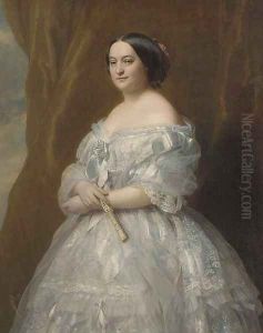Portrait of a Lady in waiting, three-quarter-length, in a cream silk dress and holding a fan by Hermann Winterhalter