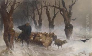 Shepherd With His Herd Returning Home In Winter by Ernst Adolf Meissner