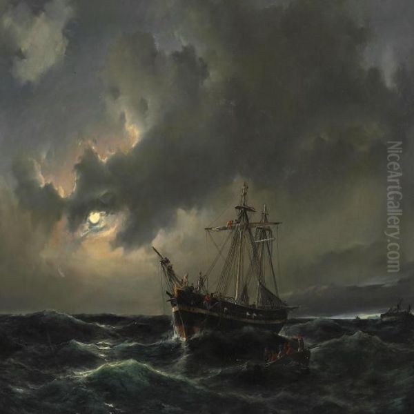 Night Time At Sea With Sailors Being Rescued From A Sinking Ship In Moonlight - view 1