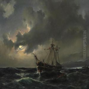 Night Time At Sea With Sailors Being Rescued From A Sinking Ship In Moonlight by Anton Melbye