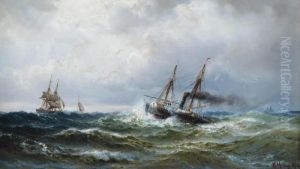 A Paddle Steamer And Other Shipping In A Heavy Swell by Vilhelm Melbye