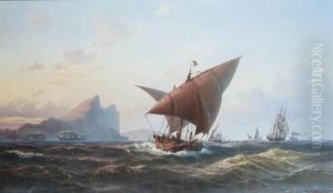 A Spanish Felucca, British 
Warships And Other Shipping In The Mediterranean Off Gibraltar by Vilhelm Melbye
