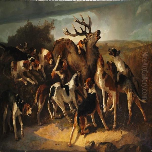 Hunting Scene With Dogs Attacking A Stag - view 1