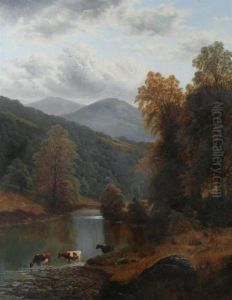 Cattle Drinking At Mountain Stream by William Mellor
