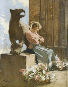 Sitzendes Blumenmadchen Bei Gotischer Kirche by Edouard Menta