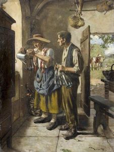 Bauernpaar In Stube Mit Offener Tur. by Edouard Menta
