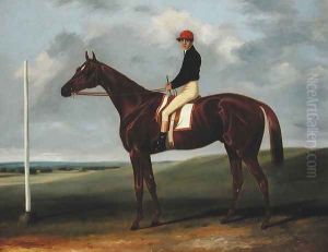 Chestnut colt with Jockey up and starting post by John Alfred Wheeler