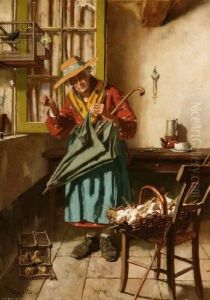 Edouard Menta . Lady Mending Umbrella In Interior With Basket Of Eggs by Edouard Menta
