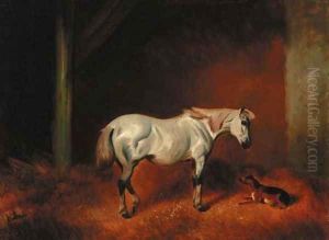 A grey pony with a dog in a stable by John Alfred Wheeler