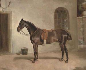 A saddled chestnut hunter outside the stables by John Alfred Wheeler
