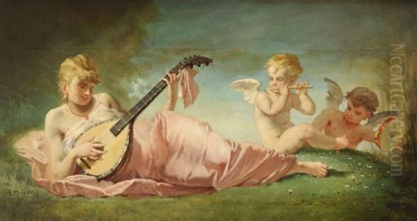 Jeune Femme A La Mandoline Entouree De Putti Musiciens - view 1