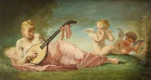 Jeune Femme A La Mandoline Entouree De Putti Musiciens by Emile Meyer