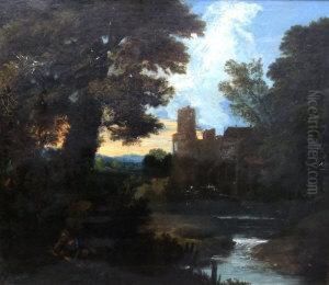 Figure In An Italianate River Landscape by Aelbert Meyeringh