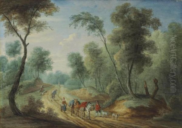 Travellers On A Path In A Wooded Landscape - view 1