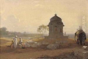 Indian landscape with a monument, figures and an elephant in the foreground by William Frederick Witherington