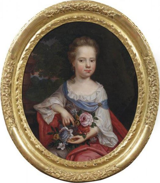 Portrait Of A Girl, 
Three-quarter Length, In A Park Landscape, Holding A Bouquet Of Flowers - view 1
