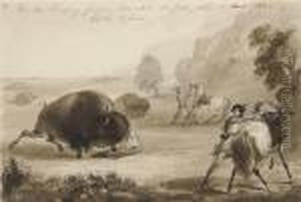 Hunters Escaping From A Wounded Buffalo, While He Tears Their Clothes To Pieces - view 1