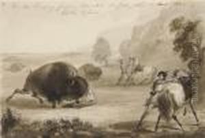 Hunters Escaping From A Wounded Buffalo, While He Tears Their Clothes To Pieces by Alfred Jacob Miller