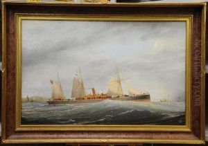 S.s. Glenfalloch At Sea With Shipping And Coastline Beyond by Charles Keith Miller
