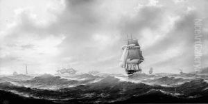 Shipping In Coastal Waters Before A Lighthouse by Charles Keith Miller