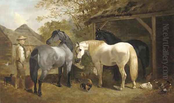 A farmhand, horses, chickens and ducks in a farmyard - view 1