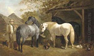 A farmhand, horses, chickens and ducks in a farmyard by Henry Woollett