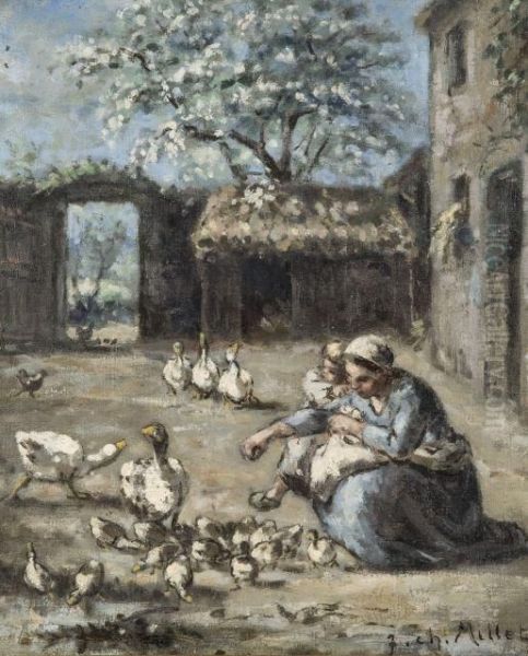 Fermiere Et Son Enfant Devant Des Oies - view 1
