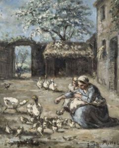 Fermiere Et Son Enfant Devant Des Oies